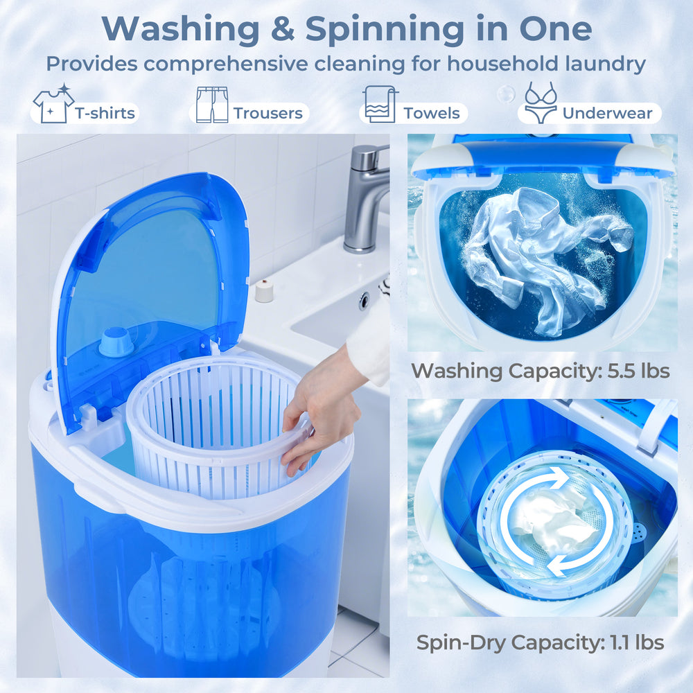 Portable semi-auto washing machine with clear lid, 5.5 lbs capacity, ideal for small spaces like dorms and apartments.