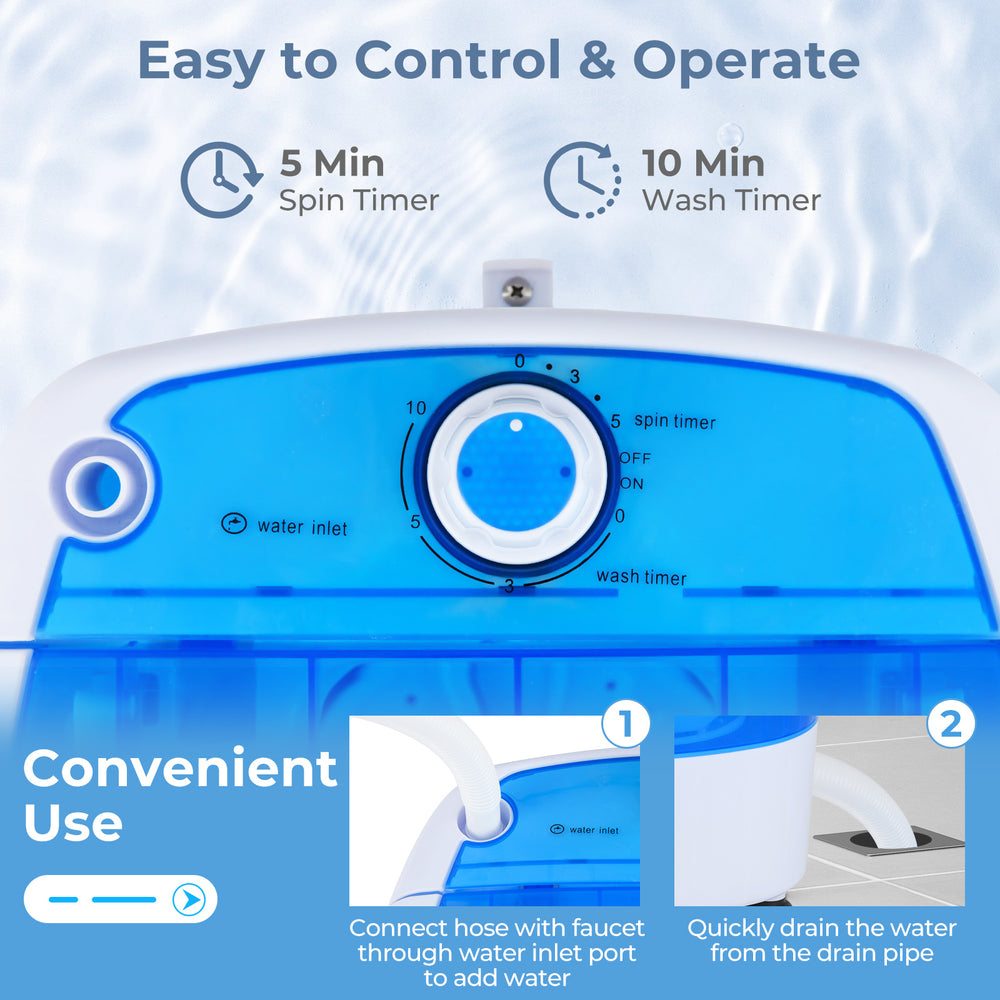 Control panel of the 5.5 lbs portable semi-auto washing machine with timer settings for convenient laundry use.