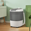 Portable mini washing machine with a gray tub, featuring a spin basket and drainage hose, ideal for home or dorm use.