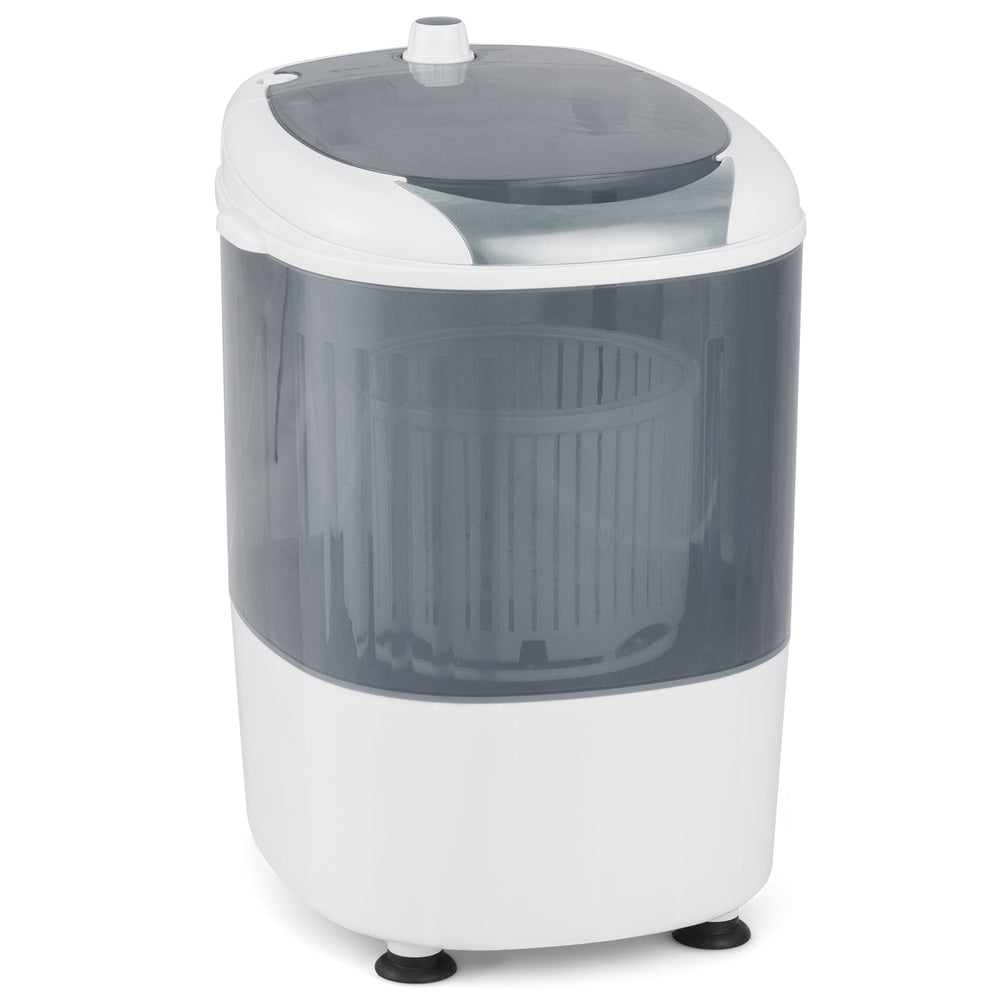 Portable mini washing machine in gray with a clear lid, 5.5 lbs capacity, ideal for home or dorm laundry needs.