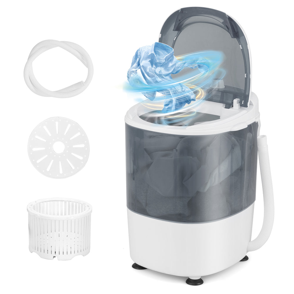 Portable mini washing machine with gray tub, 5.5 lbs capacity, spin basket, and drainage hose for easy laundry.