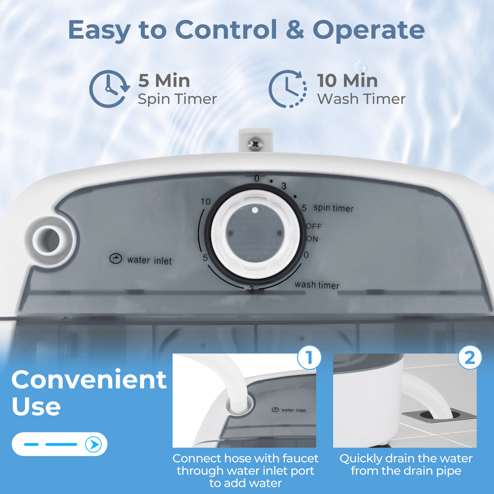 Portable mini washing machine in gray with a spin basket, 10-min wash timer, and drainage hose for easy use.