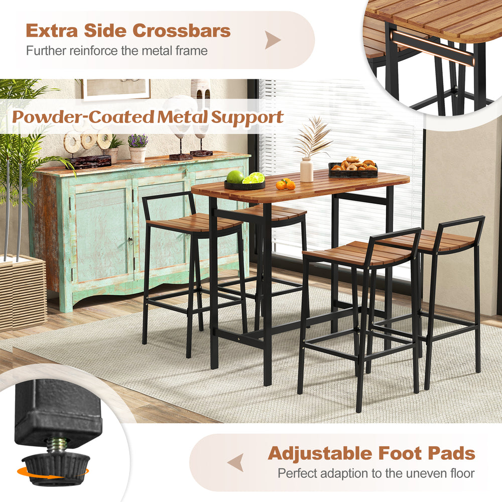 5-piece acacia wood bar table set with metal frame, featuring adjustable foot pads for uneven surfaces.