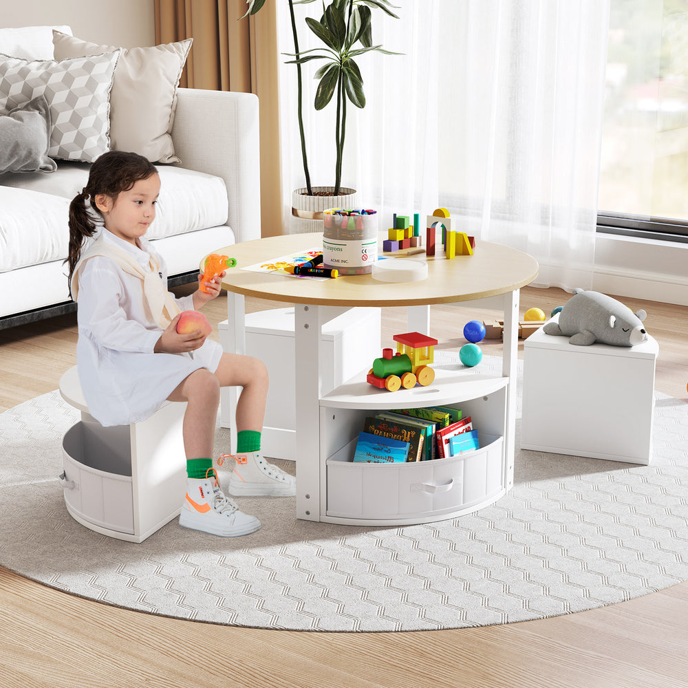 Round nesting table with 4 storage stools, designed for toddlers, perfect for art and play activities in a safe.