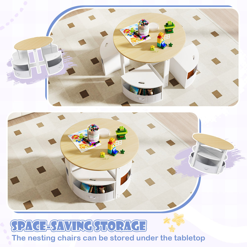 Round nesting table with four storage stools, featuring a natural finish and space-saving design for toddler activities.