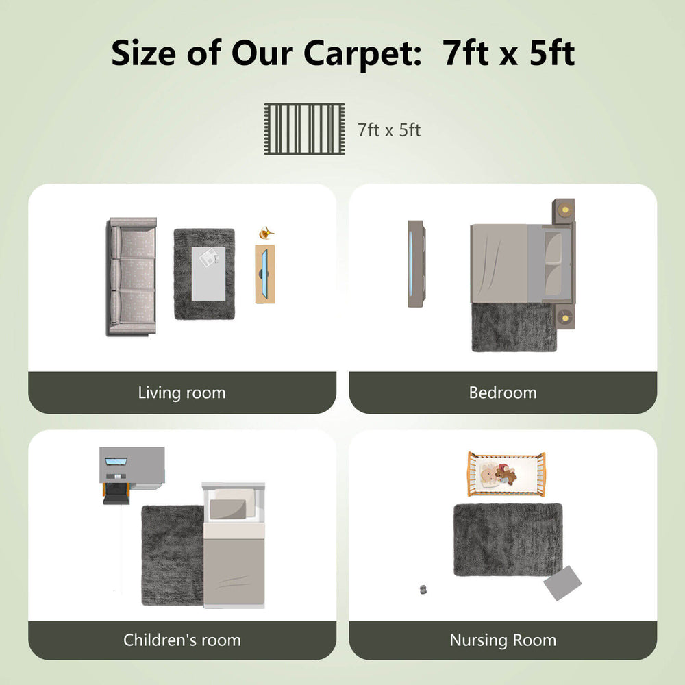 Gray 5 x 7 feet modern rectangular soft shag area rug shown in living room, bedroom, children's room, and nursing room.