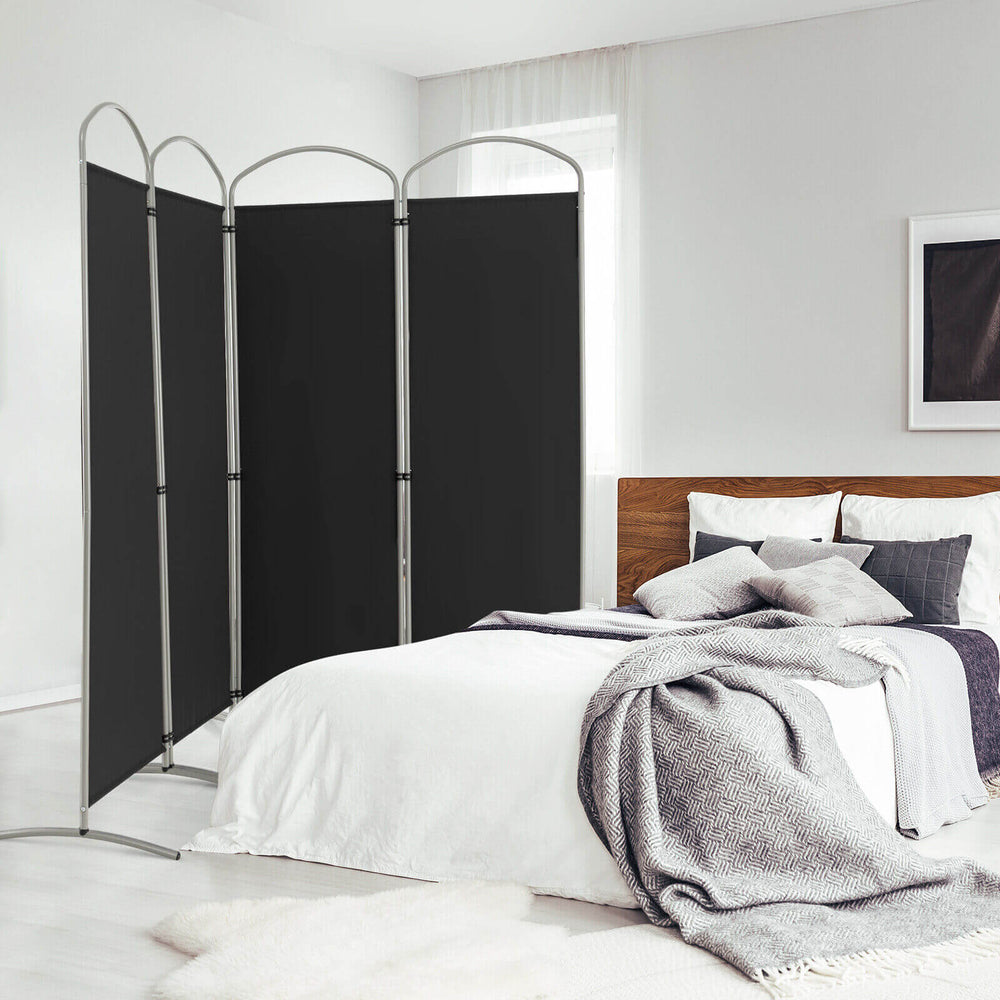 4-panel black room divider with curved metal base, ideal for creating privacy in living rooms or home offices.