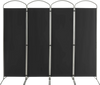 Four-panel black room divider with a curved metal base, ideal for creating privacy in home or office spaces.