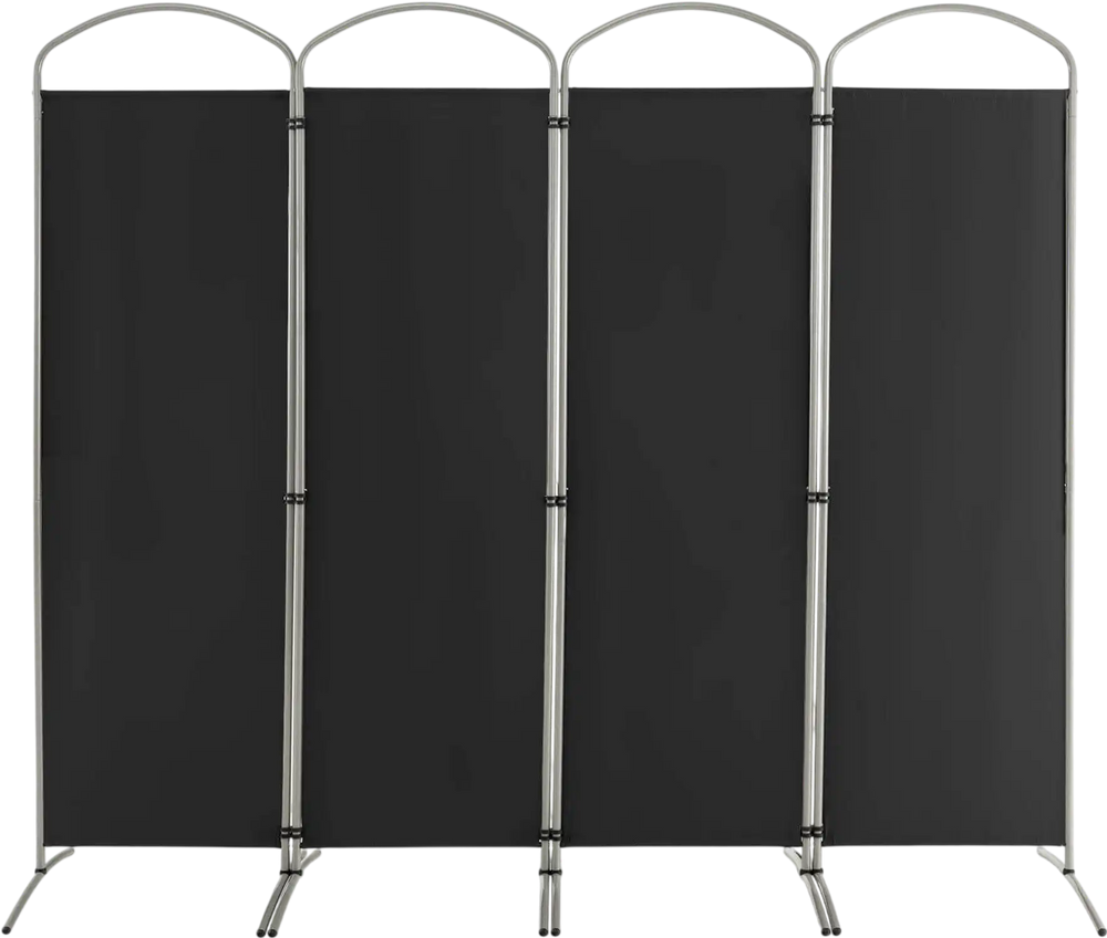Four-panel black room divider with a curved metal base, ideal for creating privacy in home or office spaces.