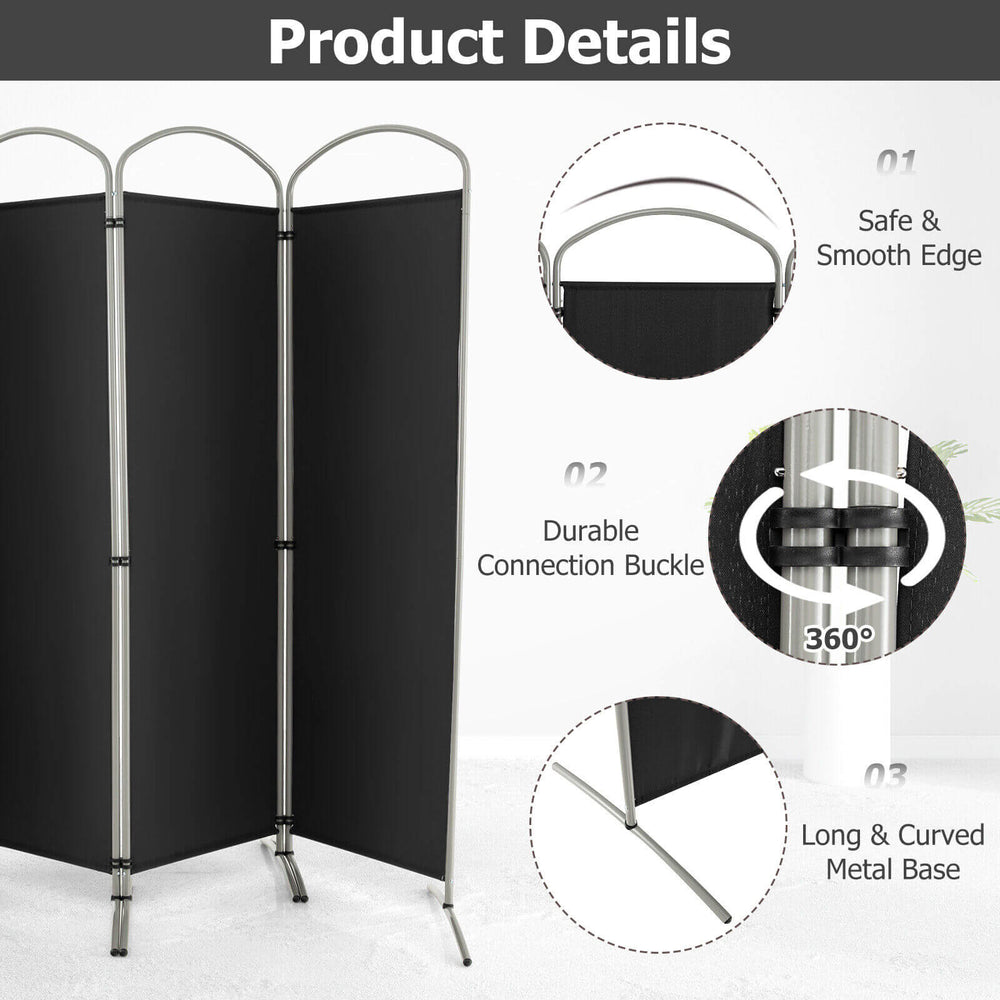 4-panel black room divider with durable polyester fabric and curved metal base for privacy in home or office settings.