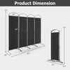 4-panel black room divider with curved metal base, dimensions 87"x74", ideal for creating privacy in home or office.