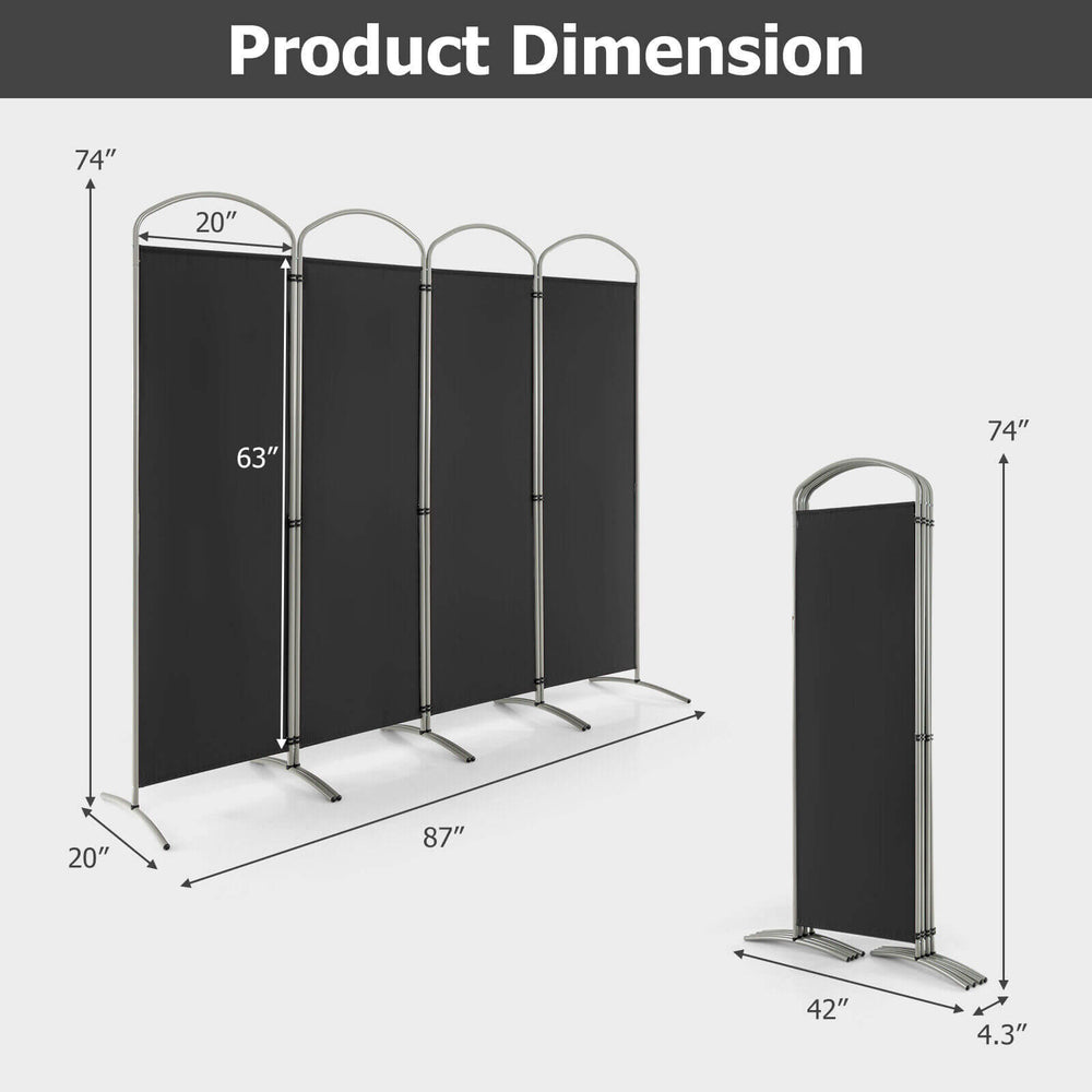 4-panel black room divider with curved metal base, dimensions 87"x74", ideal for creating privacy in home or office.