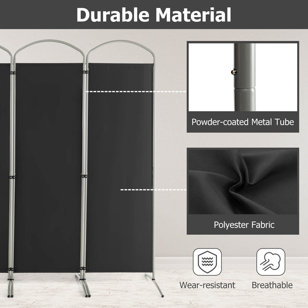 4-panel black room divider featuring durable polyester fabric and a sturdy metal frame for privacy in home or office.