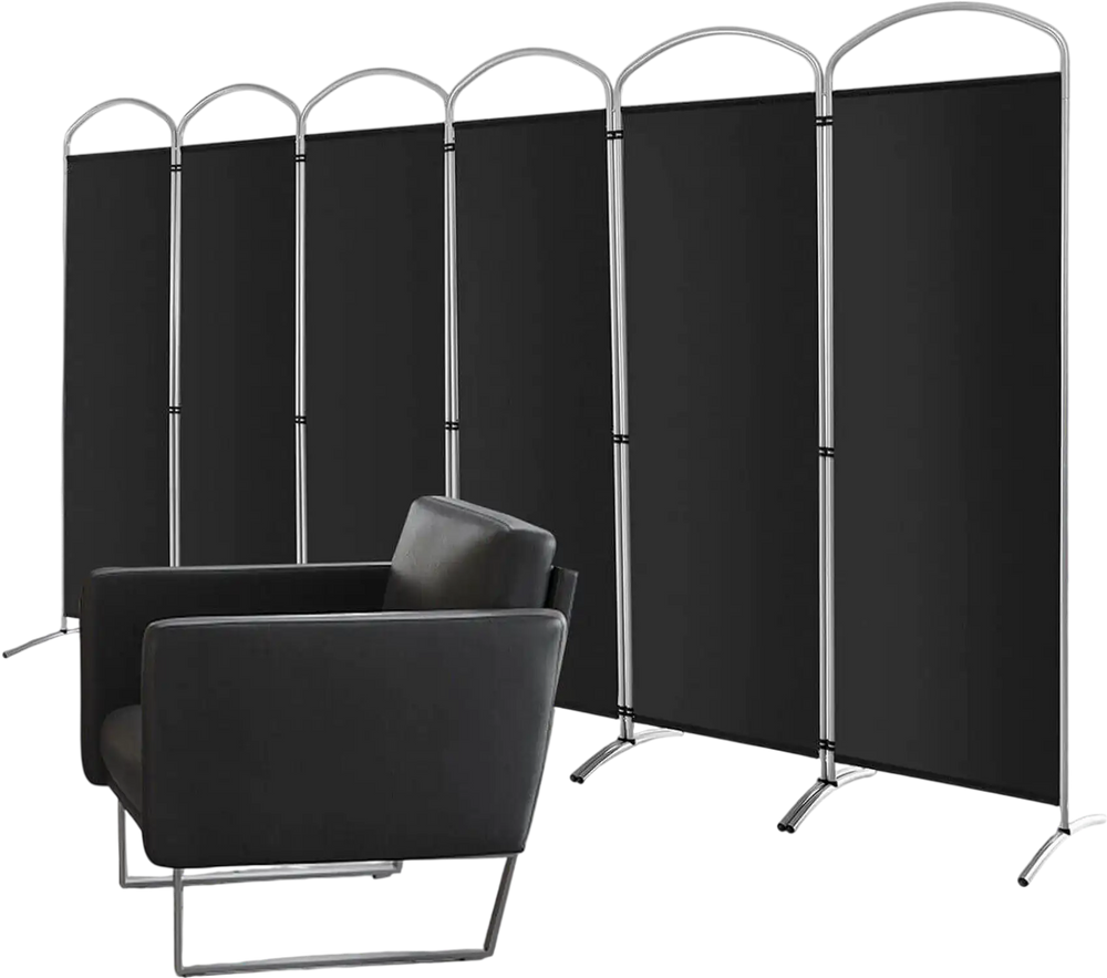 Freestanding 6-panel black privacy screen with durable fabric and metal frame, ideal for offices and dining areas.