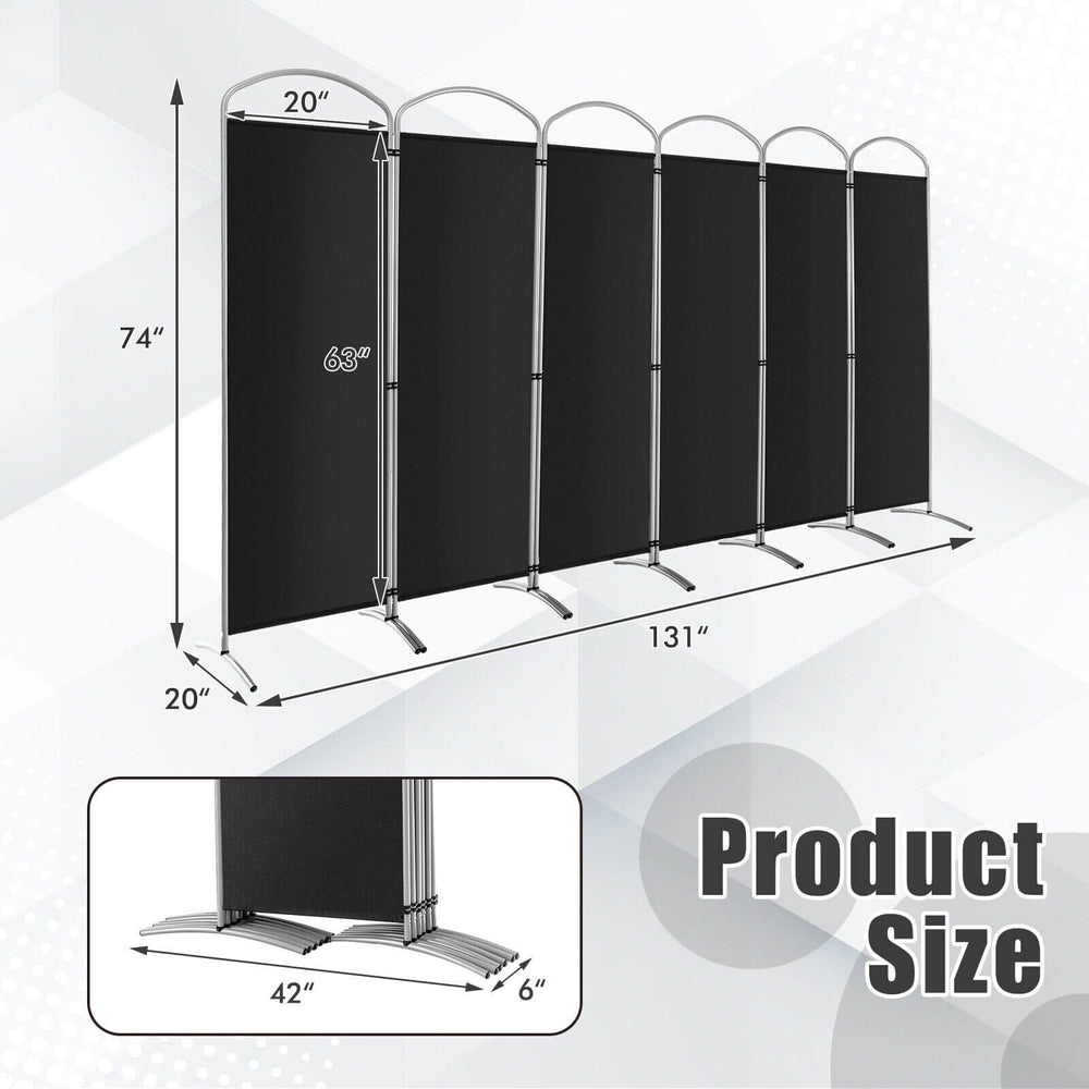 Freestanding 6-panel folding privacy screen in black, 74" tall, ideal for offices or dining rooms, with durable metal.