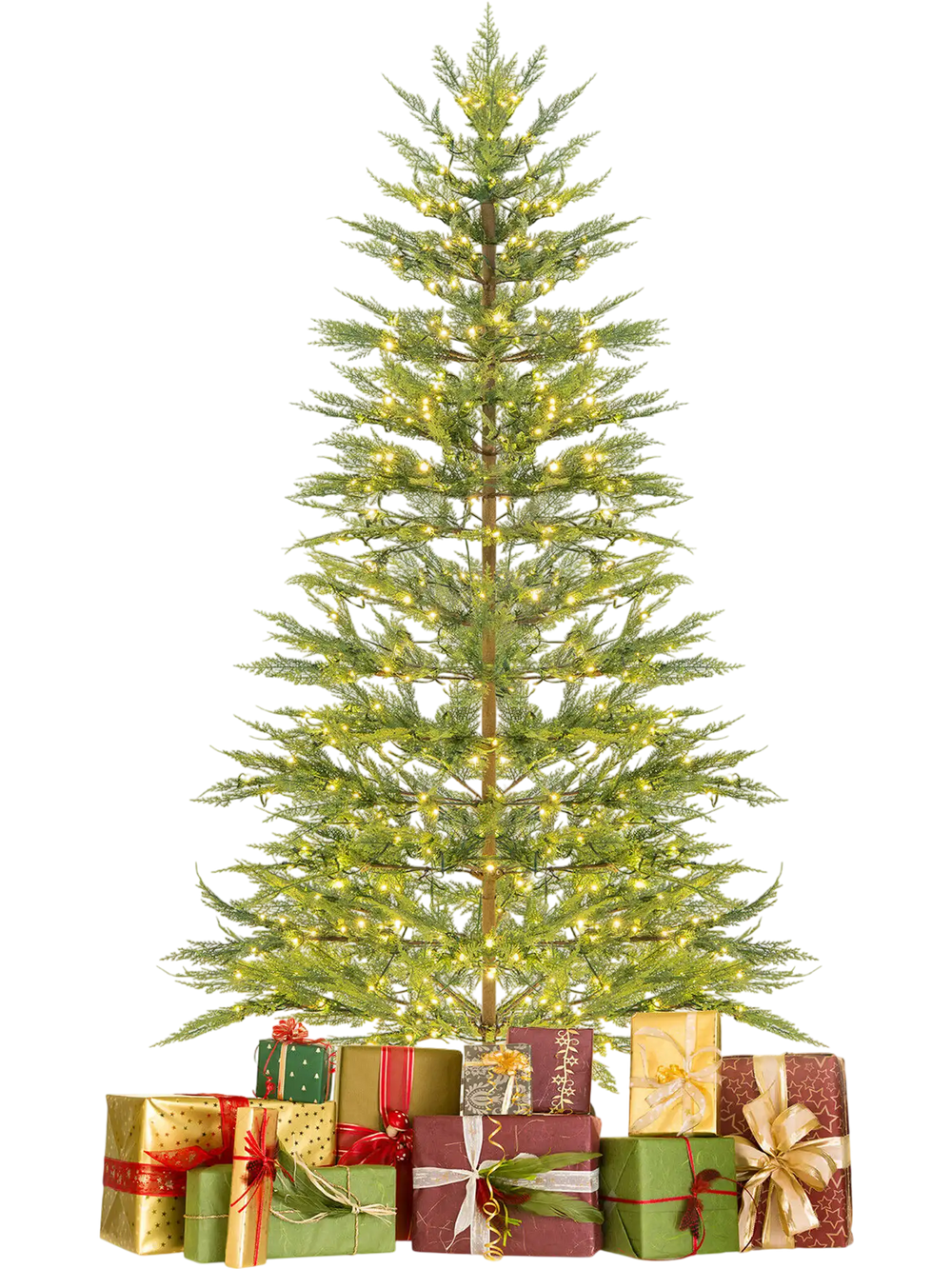 Pre-lit 6.5 ft artificial cypress Christmas tree with 430 warm white lights and decorative gifts underneath.
