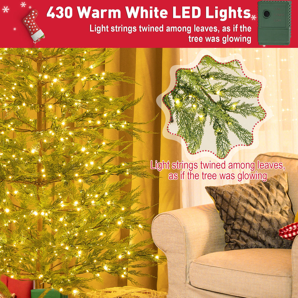 Pre-lit 6.5 ft artificial cypress Christmas tree with 430 warm white LED lights, featuring realistic foliage and hinged.