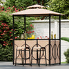 Grill gazebo set featuring a double roof design, brown bar table, and two ergonomic bar stools for outdoor entertaining.