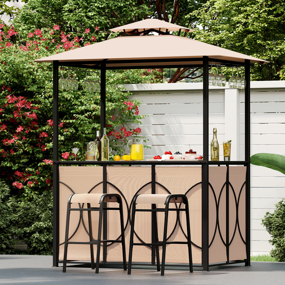 Grill gazebo set featuring a double roof design, brown bar table, and two ergonomic bar stools for outdoor entertaining.