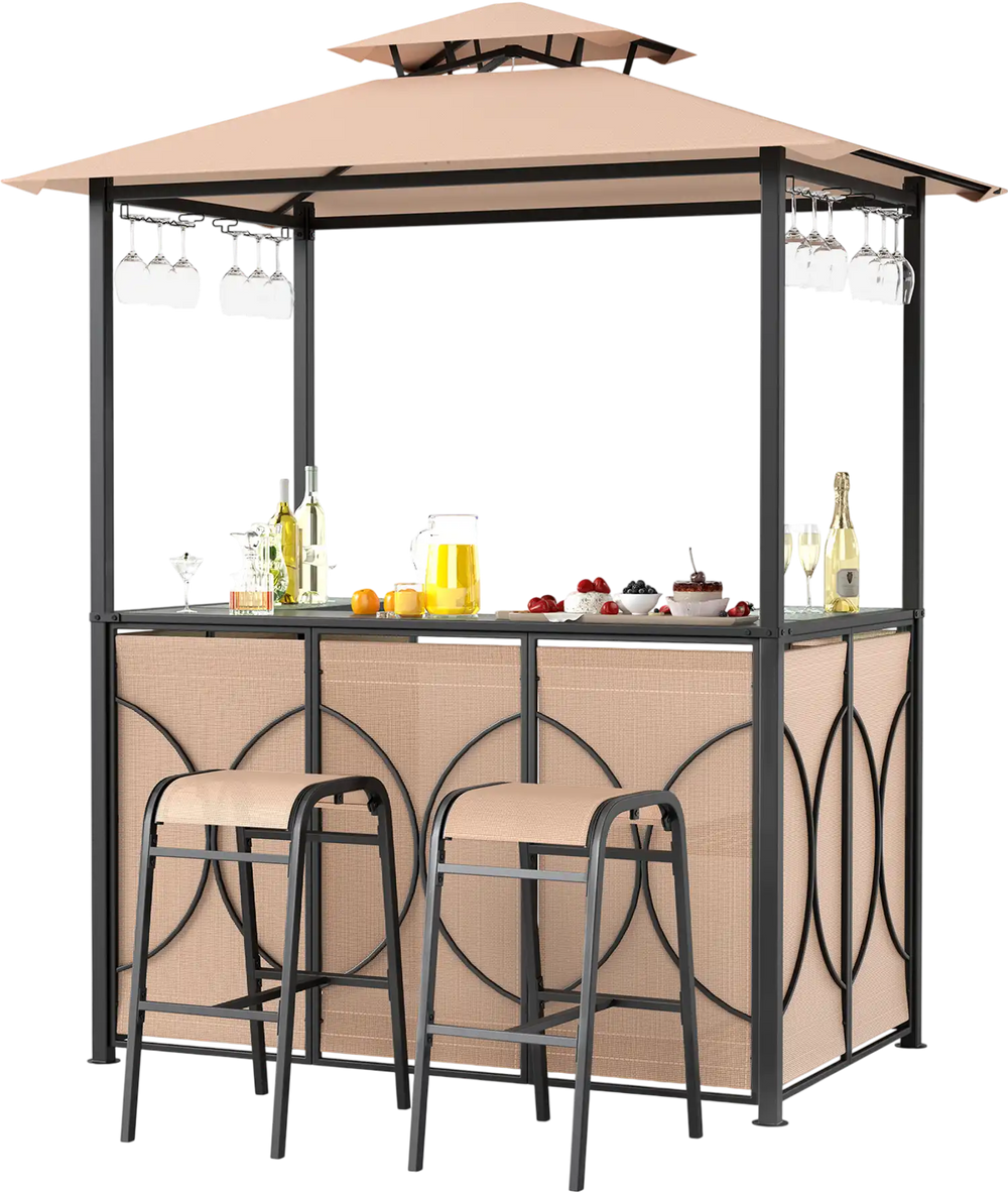 Grill gazebo set with brown canopy, bar table, and 2 ergonomic bar stools, perfect for outdoor patios and backyards.