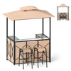 Grill gazebo set featuring a double roof design, brown bar table, and two ergonomic bar stools for outdoor use.