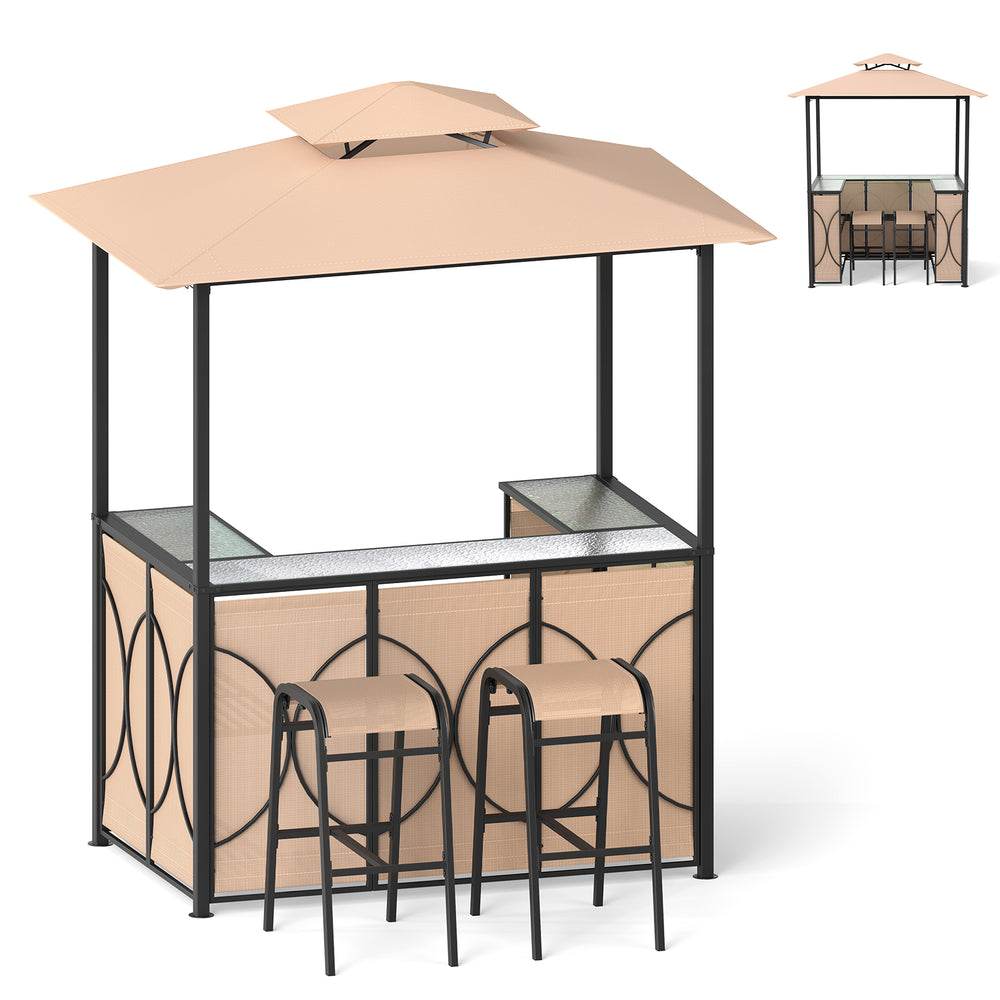 Grill gazebo set featuring a double roof design, brown bar table, and two ergonomic bar stools for outdoor use.
