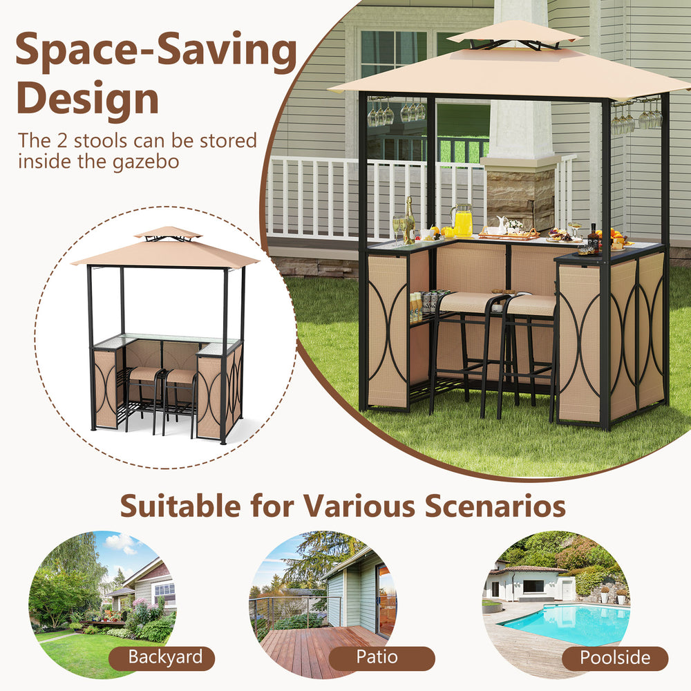 Grill gazebo set with brown bar table and two stools, featuring a double roof design for ventilation, ideal for patios.