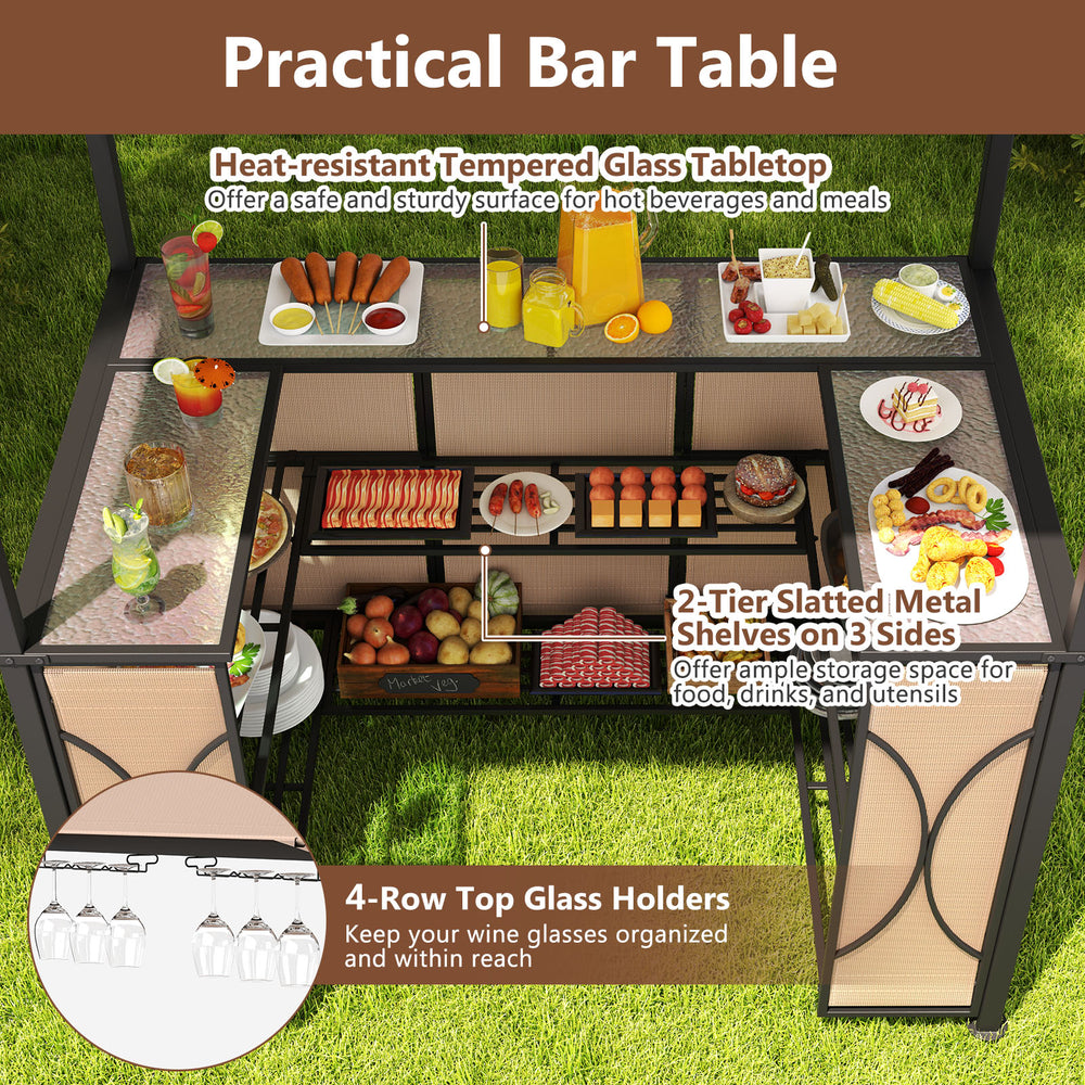 Bar table with heat-resistant tempered glass top, 2-tier metal shelves, and 4-row glass holders for outdoor use.