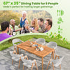 Rectangular 67" x 35" acacia wood dining table for 6, perfect for outdoor gatherings with a natural finish and umbrella.