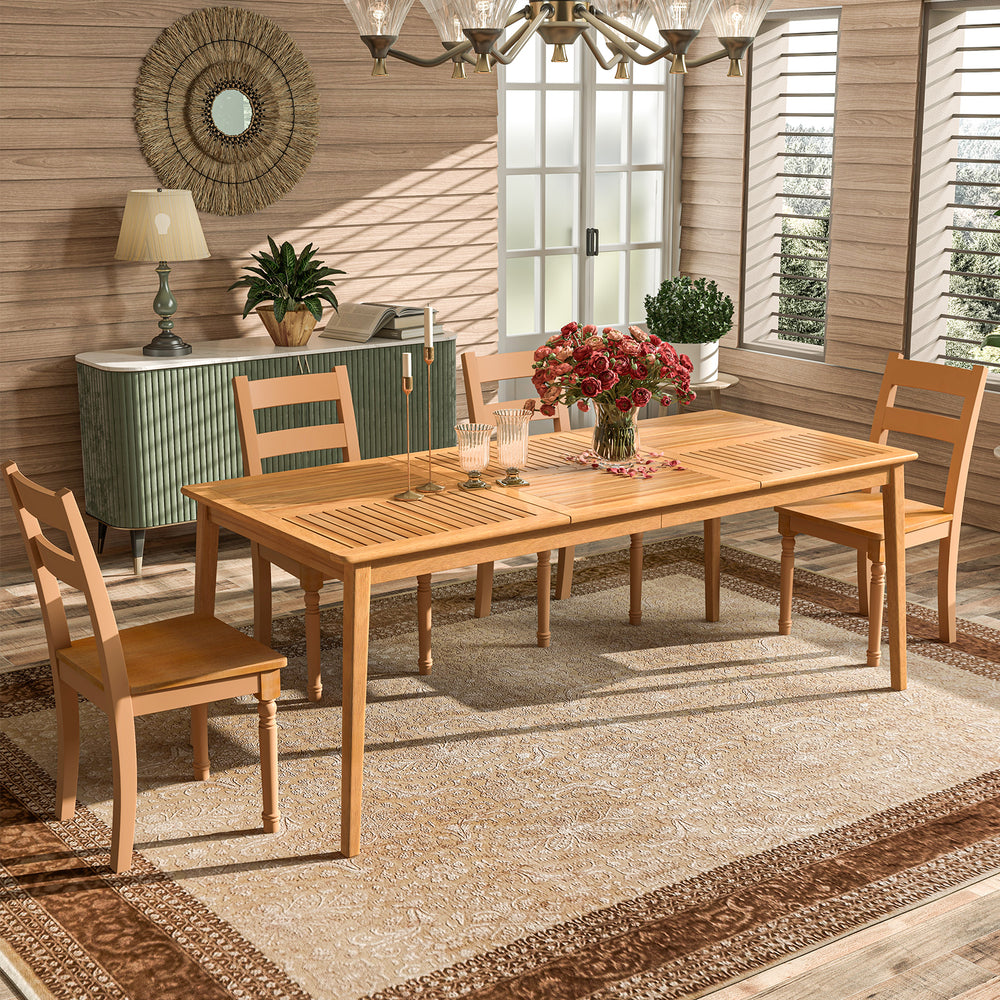 Rectangular acacia wood dining table for 6 with natural finish, perfect for outdoor gatherings on patio or porch.