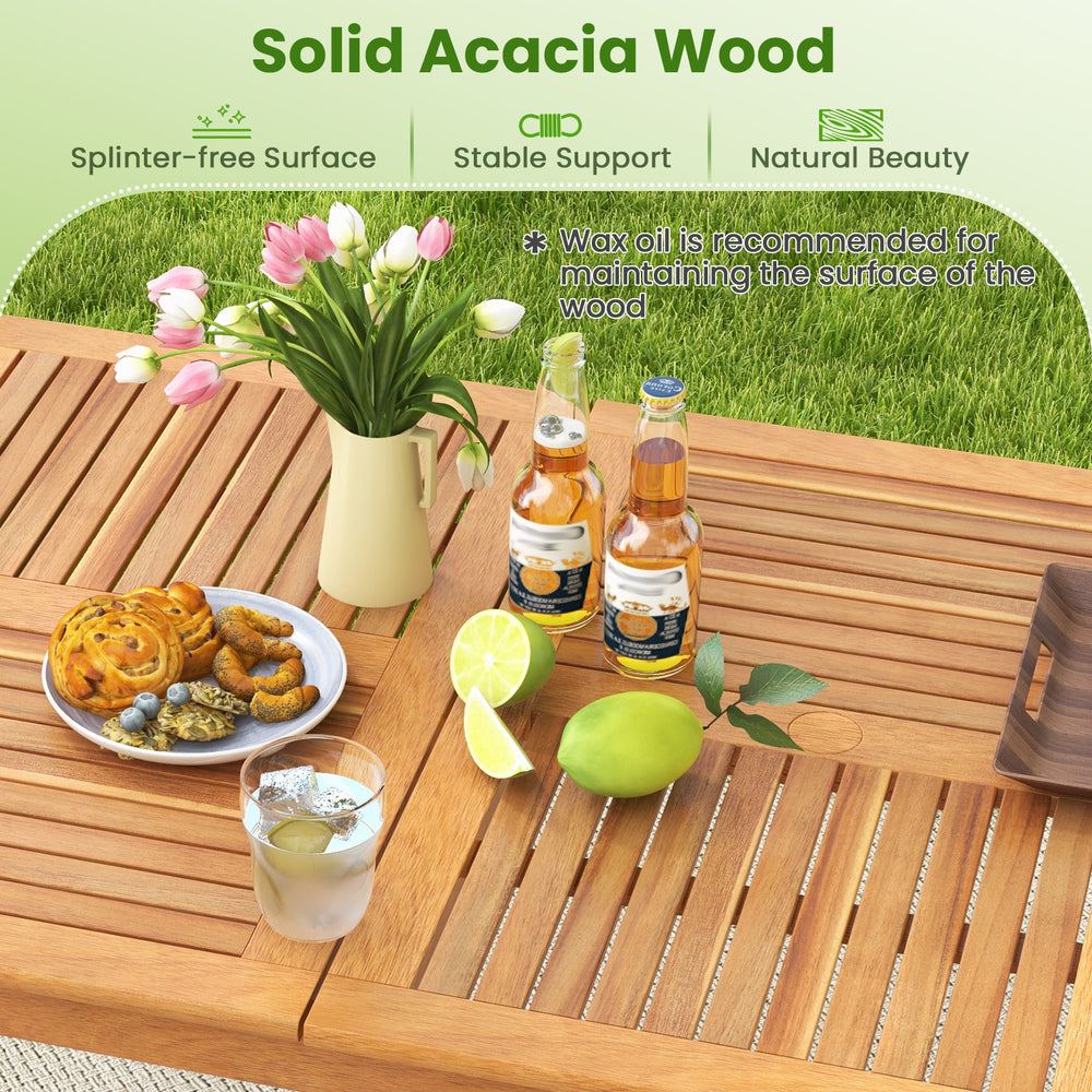 Rectangular 6-person outdoor dining table made of solid acacia wood, featuring a splinter-free surface for patio.
