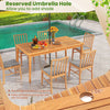 Acacia wood rectangular dining table for 6 with reserved umbrella hole, perfect for outdoor gatherings on the patio.