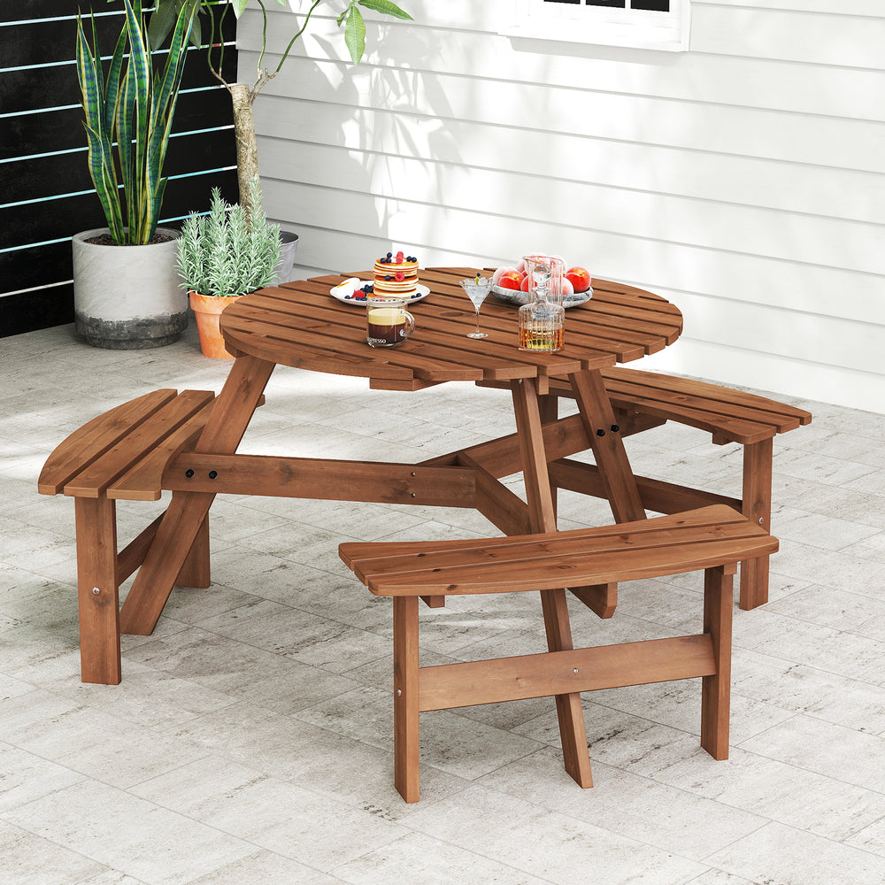 6-Person Round Picnic Table Set with 3 Built-in Benches and Umbrella Hole-Brown - Gallery View 1 of 10