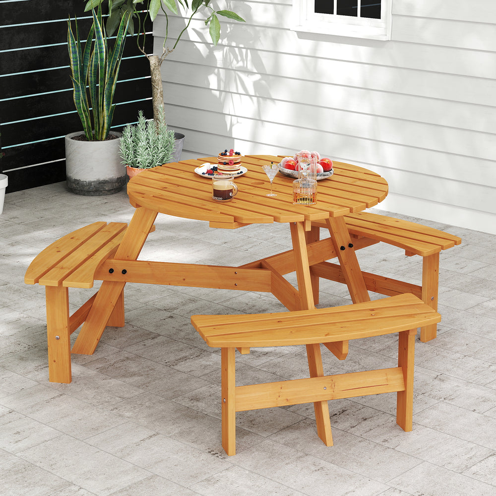 6-Person Round Picnic Table Set with 3 Built-in Benches and Umbrella Hole-Yellow - Gallery View 1 of 10