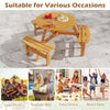 Round picnic table set with 3 benches in yellow fir wood, featuring an umbrella hole, perfect for outdoor dining.
