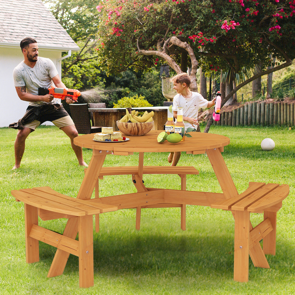 Round picnic table set with 3 built-in benches in natural fir wood, perfect for outdoor meals with family and friends.