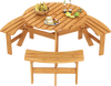 Round picnic table set with three built-in benches, crafted from natural fir wood, ideal for outdoor gatherings.