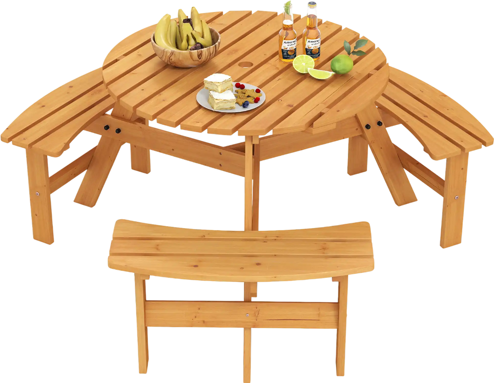 Round picnic table set with three built-in benches, crafted from natural fir wood, ideal for outdoor gatherings.