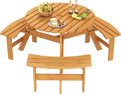 Costway 6-Person Round Picnic Table Set w/ 3 Built-In Benches & Umbrella Hole 457862931 New