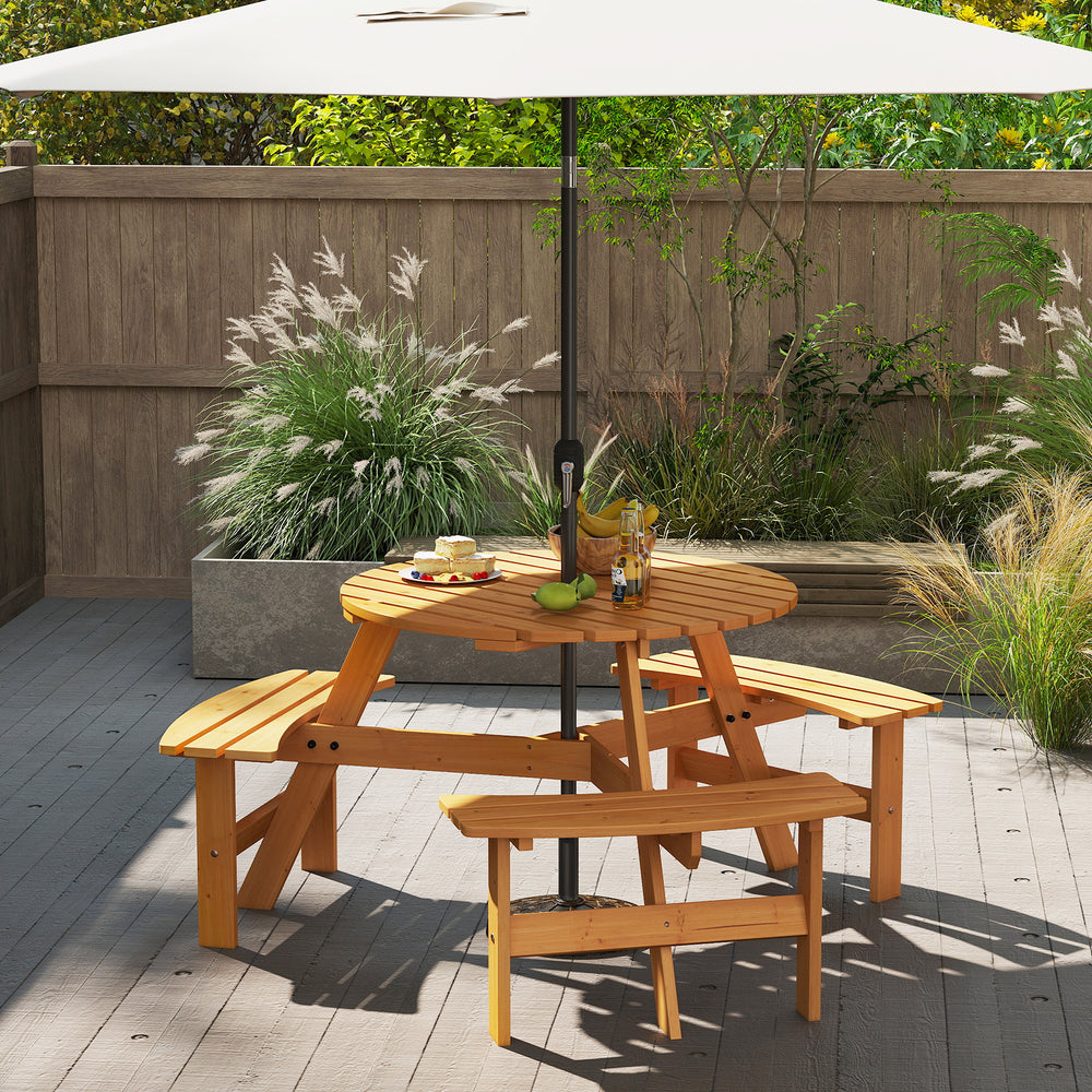 Round picnic table set made of natural fir wood with three built-in benches, perfect for outdoor gatherings.