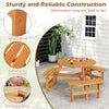 Round picnic table set made of natural fir wood with 3 built-in benches, ideal for outdoor meals and gatherings.