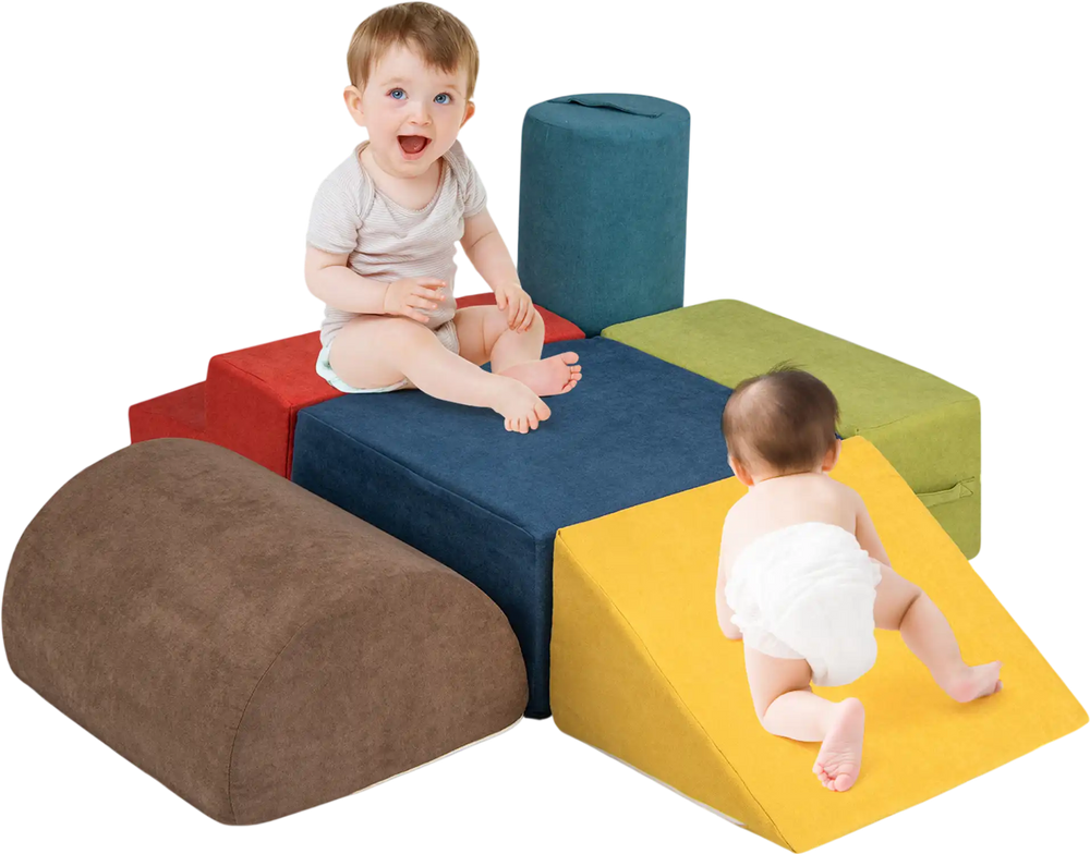 Multicolor 6-piece baby climbing blocks made of high-density foam, featuring safe chenille fabric for toddlers'.