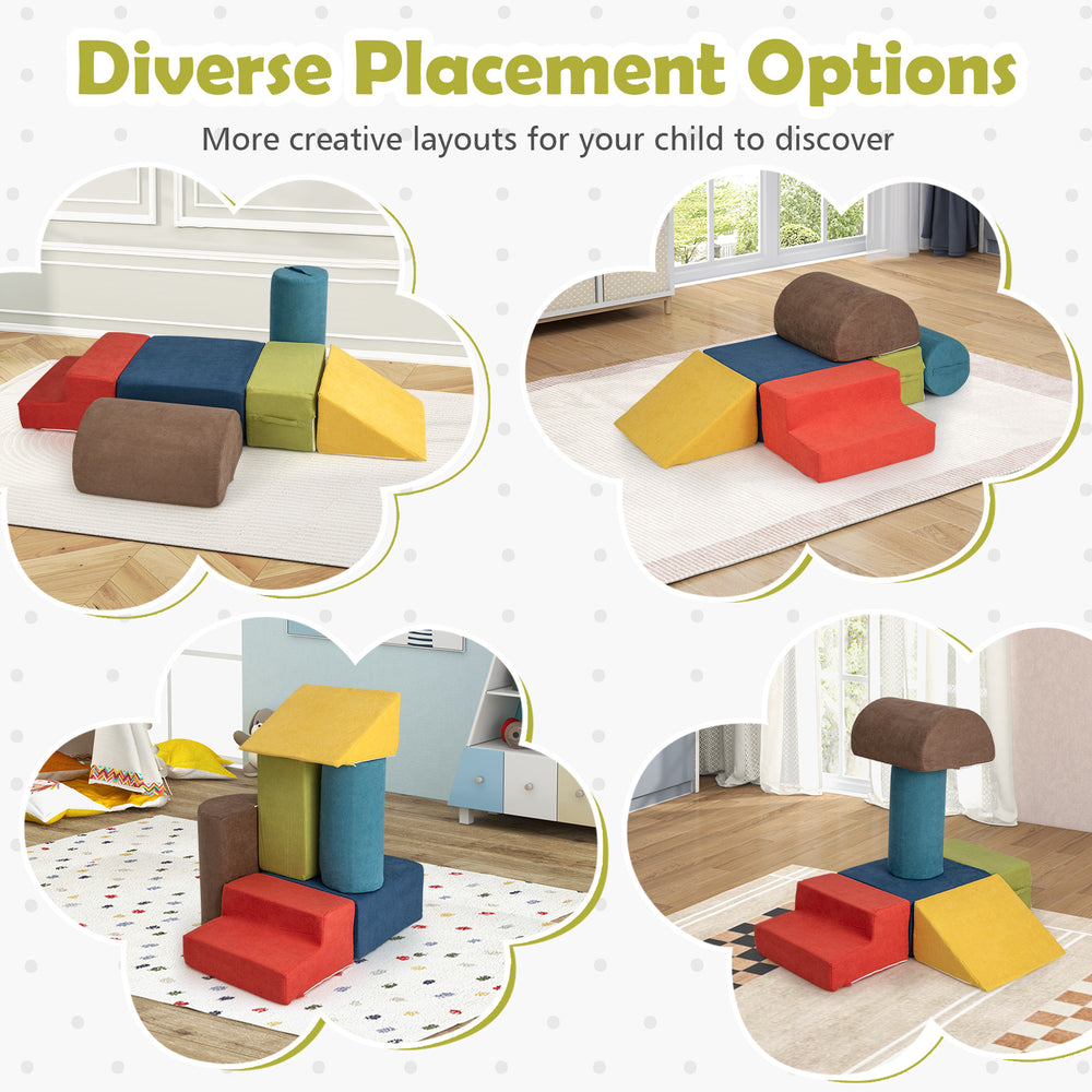 Colorful 6-piece baby climbing blocks made of high-density foam, featuring diverse placement options for imaginative.