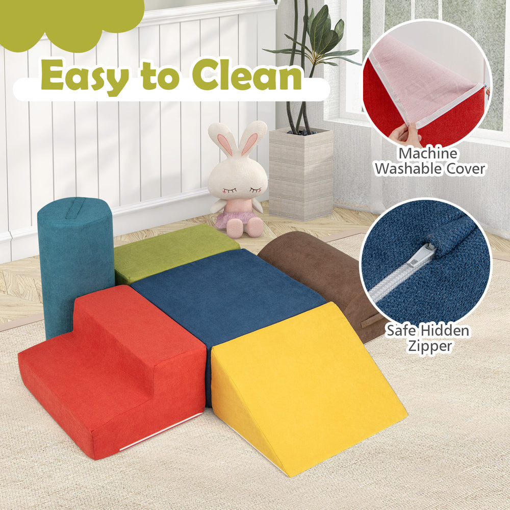 Multicolor 6-piece baby climbing blocks with high-density foam, machine-washable covers, and safe hidden zippers for.