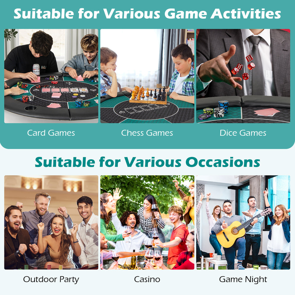 Portable 48-inch foldable poker table top in green, accommodating 6 players for card, chess, and dice games.