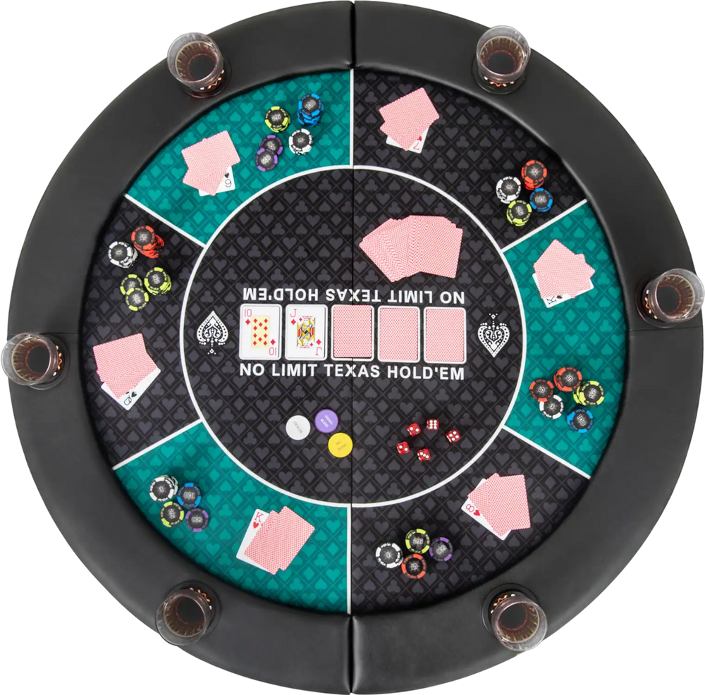 Round 48-inch foldable poker table mat for 6 players with cushioned armrests and 10 cup holders, ideal for game nights.