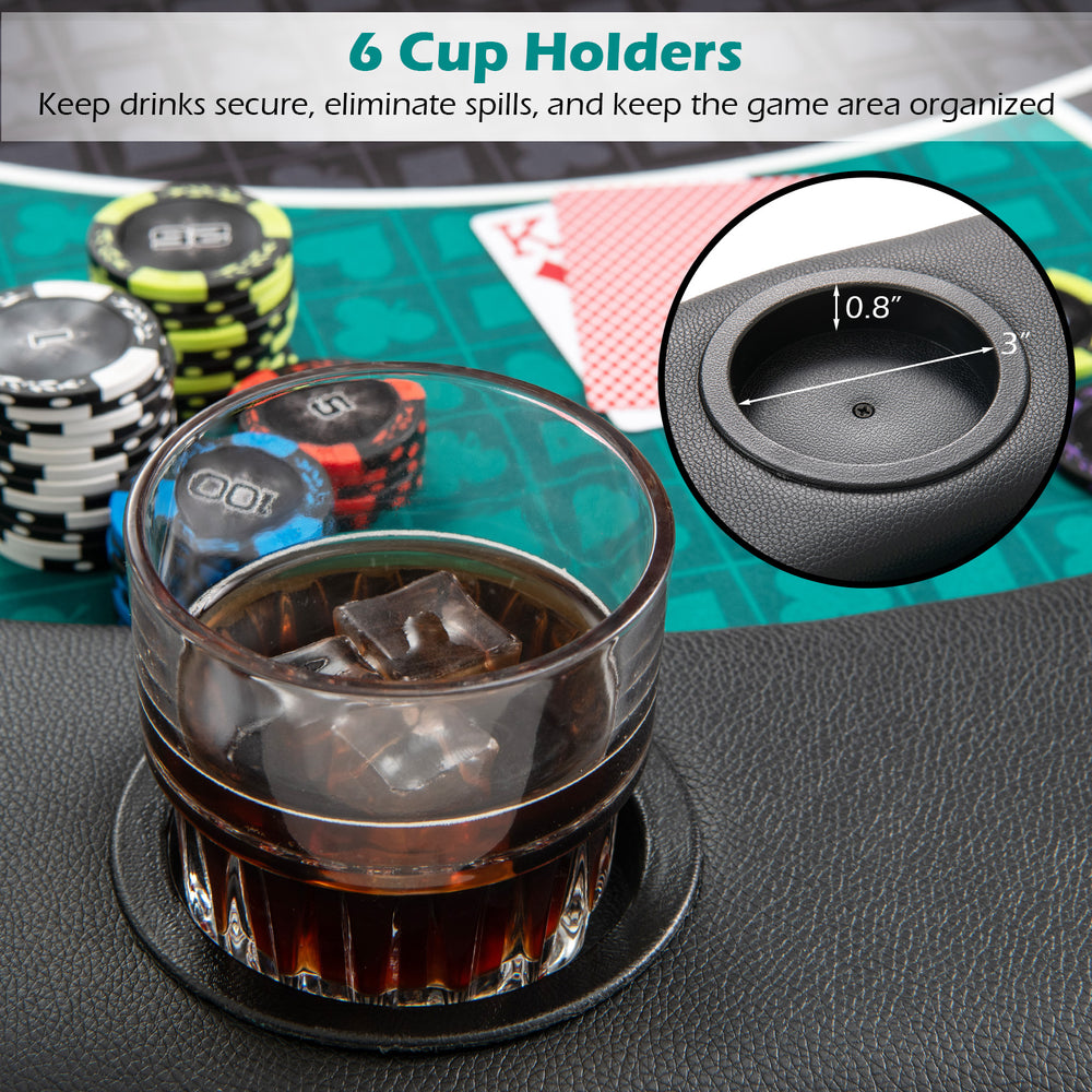 Close-up of a cup holder on the 48-inch foldable poker table, featuring a cushioned surface for secure drink placement.