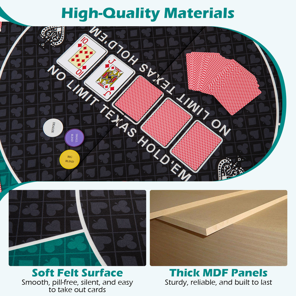 Round 48-inch foldable poker table mat with cushioned armrests and cup holders, ideal for 6 players during game nights.