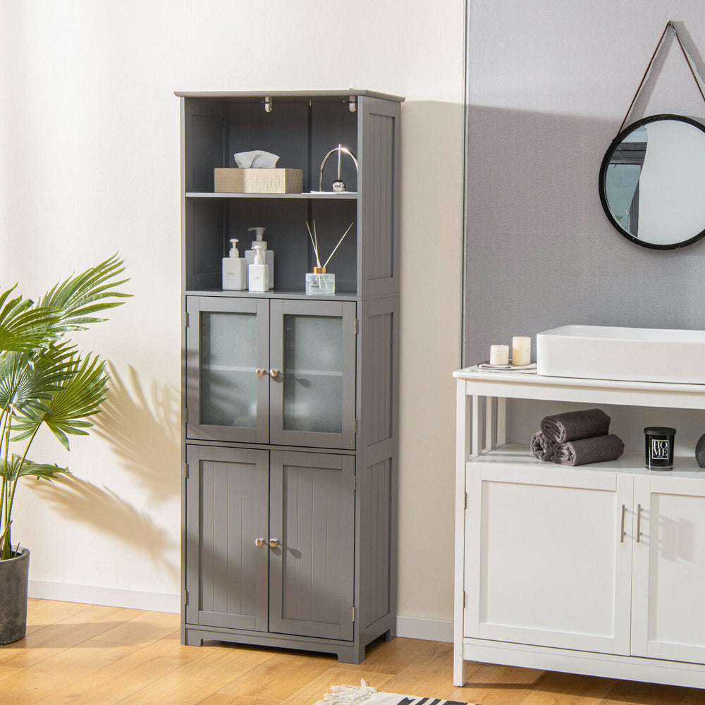 6-Tier Freestanding Bathroom Cabinet with 2 Open Compartments and Adjustable Shelves-Gray - Gallery View 1 of 12
