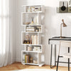 Geometric 6-tier bookshelf in white showcasing decorative items, perfect for stylish home office organization.